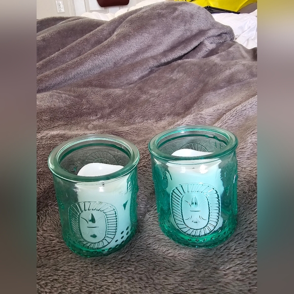 Other - 2 green glass candle holders with electric candles 3" x 2.5"